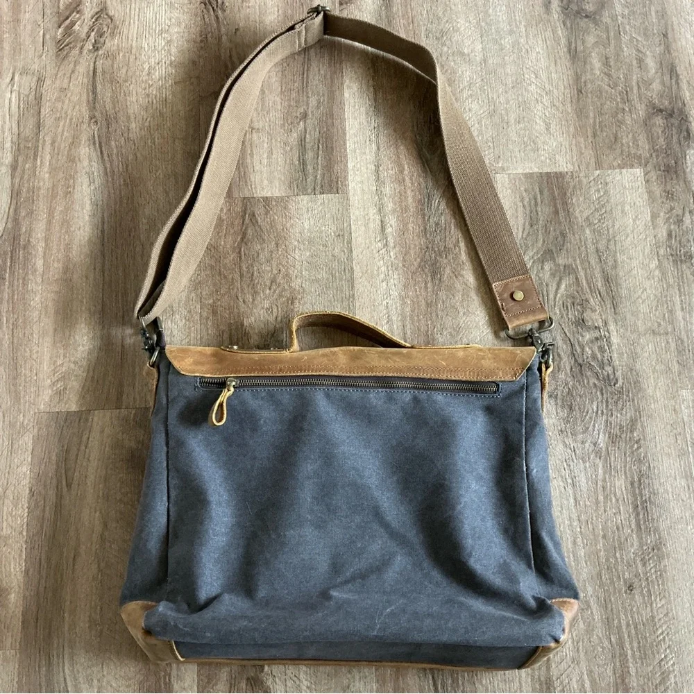 Messenger Bag VASCHY Brown Leather Denim Canvas Computer Pockets Crossbody Tote